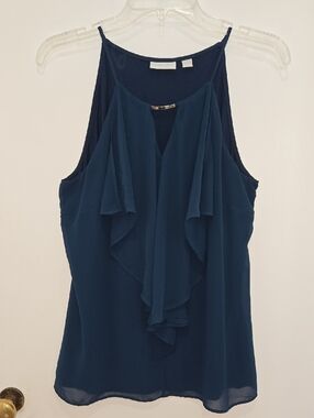 New York & Company Teal Blue Ruffled Chiffon Cami With Silver Detail Size M